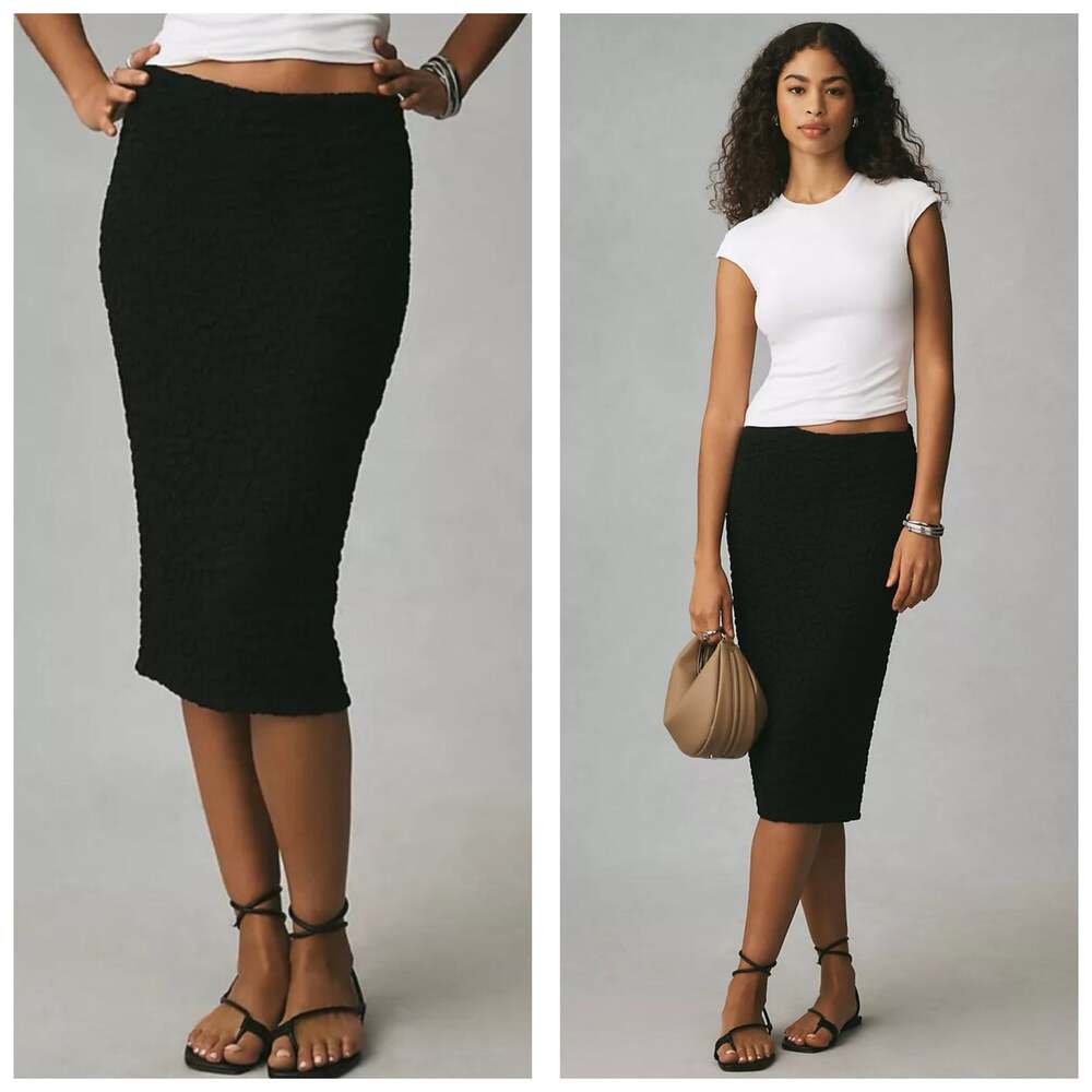 Anthropologie Puckered Knit Pencil Midi Skirt Black Textured Stretch Size Medium